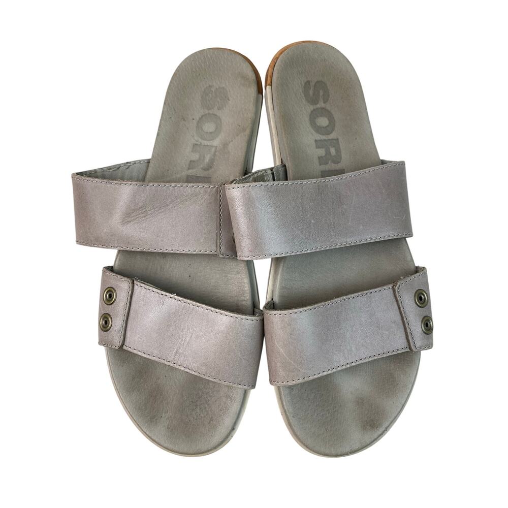 Sorel Torpeda Women's Size 8 Light Gray Leather Strappy Slip-On Slides Sandals *